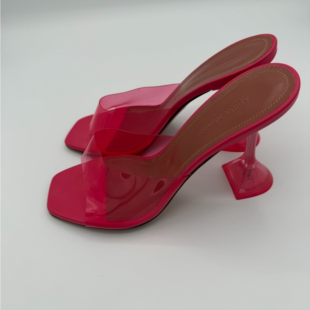 Amina Muaddi Pink PVC Mule Heels Square Toe Sandals Flared Heel Size 38 - Picture 3 of 7